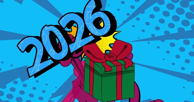 Cartoon gift box with number 2026, comic book Holiday video. Retro comics pop art design animation.