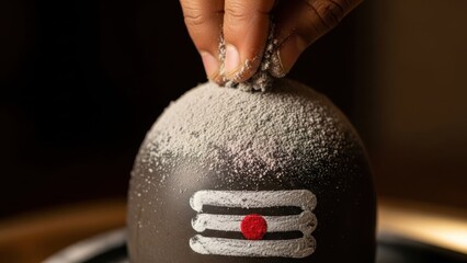 Hand offering ash on a shiva lingam. Symbol of energy and potential of hindu god shiva.