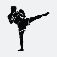 Silhouette strong male kickboxer performing dynamic high kick martial arts training vector illustration