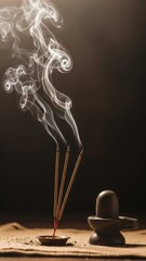 Incense sticks burning with smoke and shiva lingam statue. Spiritual and meditation theme.