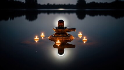 Shiva lingam on water with candles at night, a symbol of hinduism and spirituality.