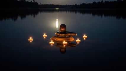 Shiva lingam on stone with candles floating in water at night, religious offering scene.