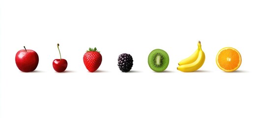 Assortment of fresh fruits apple, cherry, strawberry, blackberry, kiwi, banana, and orange, all isolated on white background