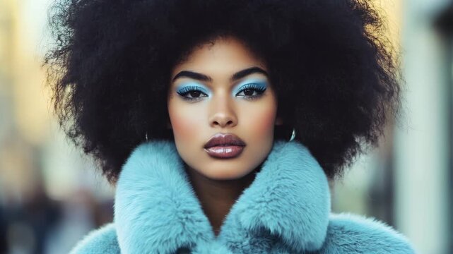 A young Black woman with an afro hairstyle wears a blue fur coat. She has bold blue eye makeup and a neutral lip color, embodying a glacier aesthetic.