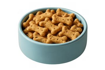 Dog biscuits in turquoise bowl, bone shape pet food for animal nutrition, crunchy treats, transparent background