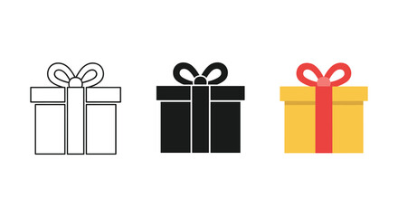 Three gift boxes with different colors and ribbons