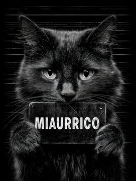 Un gato negro con expresi&oacute;n severa sostiene un cartel con un nombre escrito.