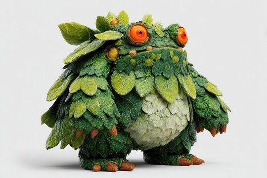 Una criatura fant&aacute;stica con forma de sapo cubierta de hojas y musgo.