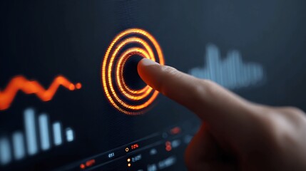 Finger interacting with glowing orange business interface