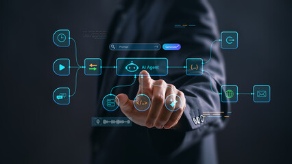 Businessman interacting with AI agent interface to automation processes and managing digital tasks workflow, process data, and control smart systems, showing artificial intelligence innovation.