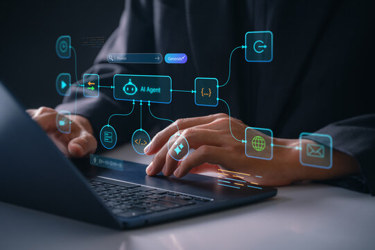 AI agent controlling intelligent automation processes on laptop by software developer in modern office, generating code, managing digital tasks and analyzing data through virtual interface