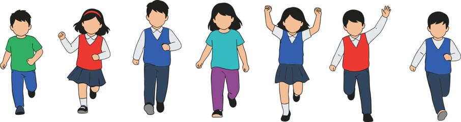 Group of Children Running in School Uniforms and Casual Outfits, Dynamic Motion, Diverse Kids Activity for Education, Fun, and Design