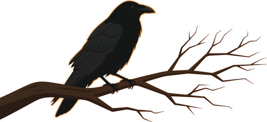 A black raven perched on a bare branch against an orange backdrop on transparent background