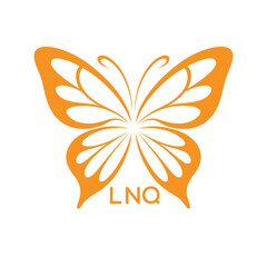 LNQ Elegant Orange Butterfly Logo. LNQ Design for Beauty, Spa. LNQ Wellness and Fashion Branding.
