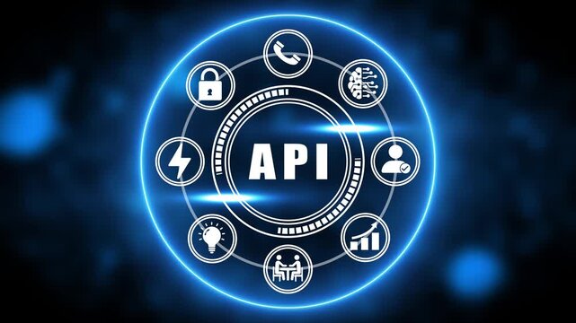 API Concept with Digital Icons and Blue Neon Circle on Dark Background Keywords: API, application, programming, interface, technology, digital, software, development, connection, network, data