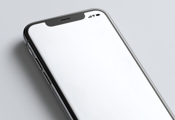 Smartphone mockup with blank white screen on light gray background. Minimal realistic device design for mobile app showcase, UI UX presentation, digital product branding, technology marketing layout.