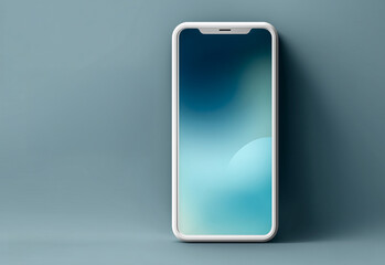 Minimal smartphone mockup with blank screen standing, soft blue background. Modern design ideal for mobile app presentation, UI UX showcase, branding, technology marketing, digital interface concept.
