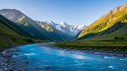 mountain landscape with lake and mountains,Crystal Blue River Flowing Through the Caucasus Mountains of Svaneti