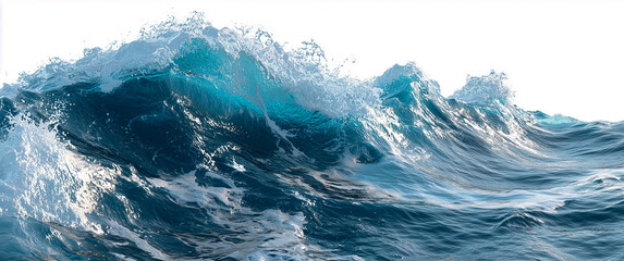 Ocean wave with dynamic motion and crystal clear water on white background. Realistic marine splash ideal for nature concepts, energy design, environmental themes, dramatic visual compositions.