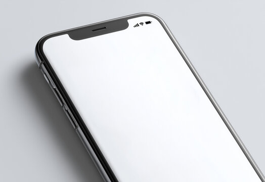 Smartphone mockup with blank white screen on light gray background. Minimal realistic device design for mobile app showcase, UI UX presentation, digital product branding, technology marketing layout.