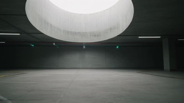 Empty parking garage with bright circular skylight and painted floor markings