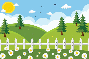 Obraz premium a cheerful landscape featuring green hills trees a white fence and a