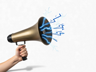 Hand holding a vintage golden megaphone with bright blue electric energy bursting out of the speaker cone isolated on black background isolated on white background isolated on transparent background
