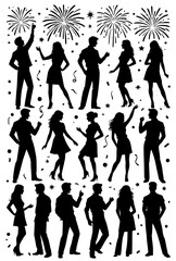 Party people silhouettes with fireworks