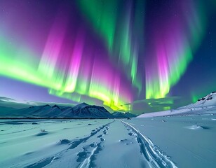 Spectacular celestial display of aurora borealis above snowscape