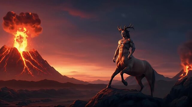 Mythological centaur creature overlooking an erupting volcano at dusk