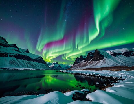Spectacular green and purple aurora borealis over snowy mountains and a lake - Powered by Adobe