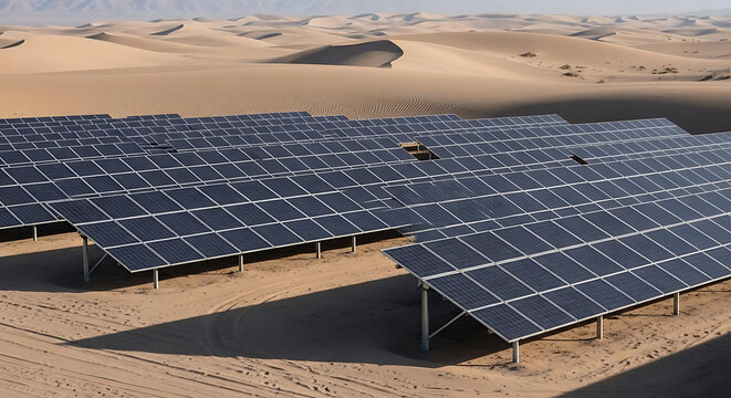 Large solar panel farm in desert landscape with rows of photovoltaic panels generating renewable energy under sunny sky