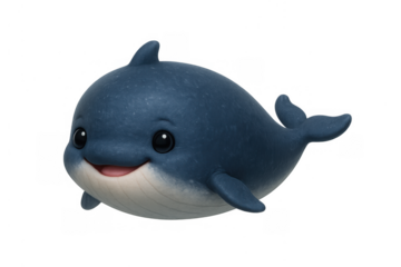 Cute cartoon baby whale with a big smile, swimming happily. Adorable blue marine animal illustration with a transparent background