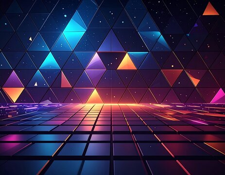 Neon mosaic triangle wall with illuminated, checkered floor - Powered by Adobe