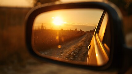 Sunset viewed in car side mirror on a dusty road.