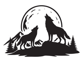 Wolves howling at the moon against dark silhouetted landscape vector illustration