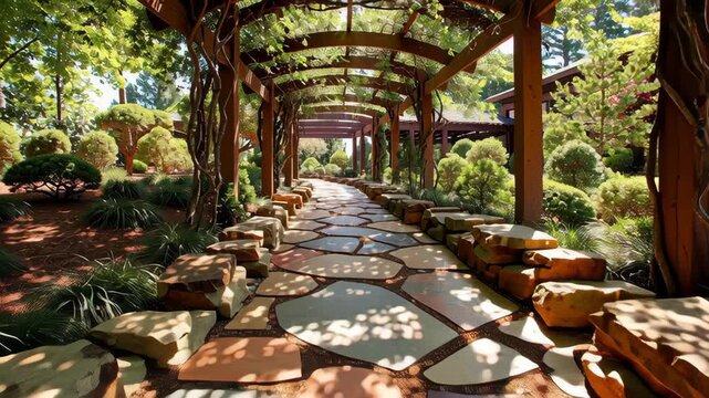 Modern backyard with pergola and fire pit concept. A stone pathway runs through lush greenery and vibrant flowers, creating a serene atmosphere.