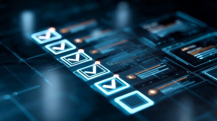 Neon checkbox icons on futuristic circuit board background