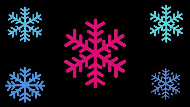 Five graphic snowflakes of various blues and pink, isolated on a black background