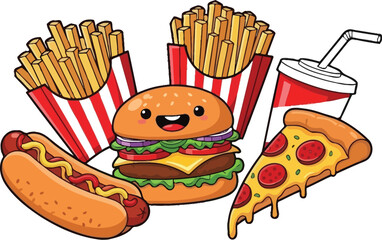 Adorable cartoon fast food bundle featuring burger fries hotdog pizza and soda on transparent background