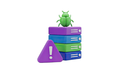 A Green Insect Bug Perched on a Stack of Colorful Servers Beside a Purple Warning Sign with a White Exclamation Mark Against a Black Background Detailed 3D Render