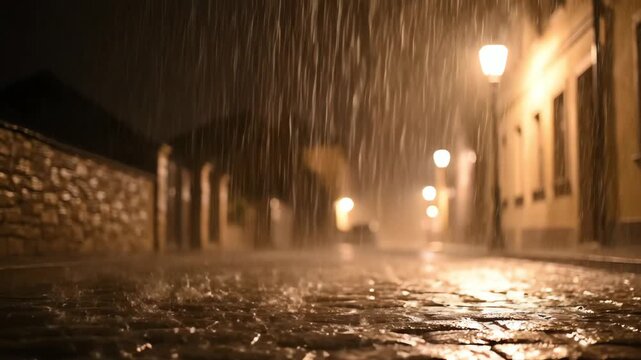 Consistent Heavy Night Rain with Subtle Warm Ambient Glow and Serene Comforting Mood &ndash; AI Generated