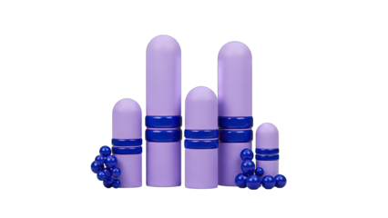 A Group of Light Purple Cylindrical Objects Adorned with Blue Bands and Small Blue Spheres Arranged Artistically Against a Transparent Background