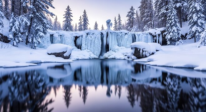 Frozen waterfall with icy formations reflecting in a still, cold winter lake surrounded by snow-covered trees. - Powered by Adobe