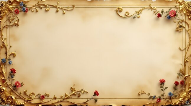 Ornate gold frame with floral embellishments bordering an aged parchment paper background for an elegant vintage design concept and luxury branding