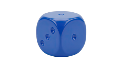 A single bright blue six-sided die with pips showing one five and two on visible faces isolated on a transparent background in studio lighting