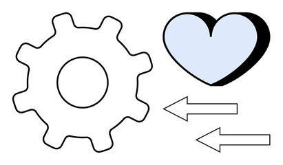 Workflow automation, productivity, emotional connection, teamwork, systems, data flow. Gear, heart and two arrows interaction. Workflow automation and productivity concept