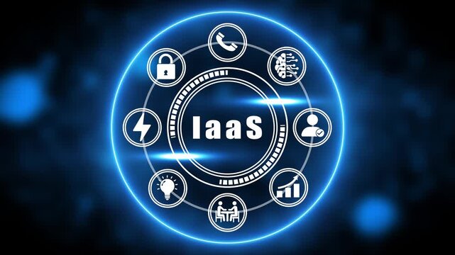 Iaa S Infrastructure as a Service Icons Circle with Glowing Blue Neon Light and Dark Bokeh Background