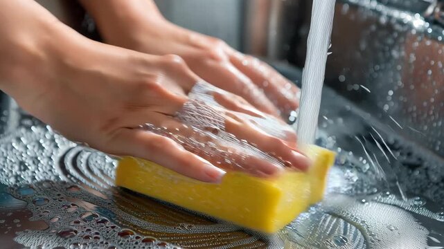 Hands washing a kitchen sink with a sponge under running water, showing an everyday household lifestyle moment with fresh soap and bubbles
