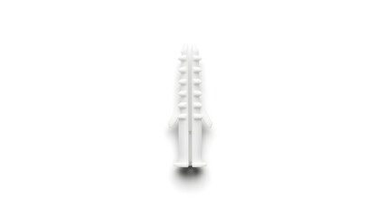 Close-up view of a white wall plug isolated on a white background, showcasing its textured surface and ribbed design for secure fastening in construction and home improvement projects